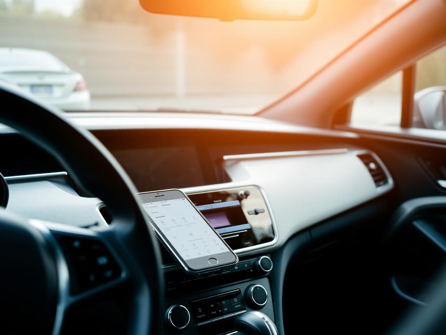 A driver's view of a UK car dashboard with a smartphone showing vehicle reminders